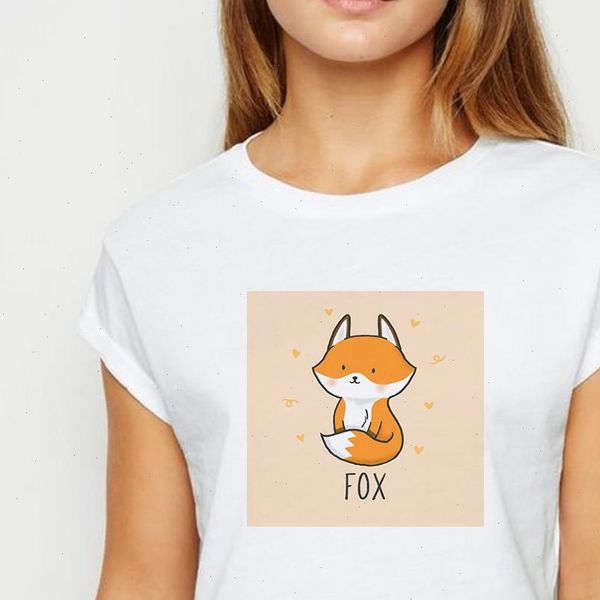 

style animal fox tshirt young ladies kawaii spring summer t shirt harajuku show thin recreational round neck t shirt, White
