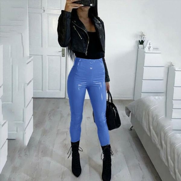 

new fashion womens ladies wet look stretchy high waist pants faux leather skinny leggings pencil trousers black blue pink red
