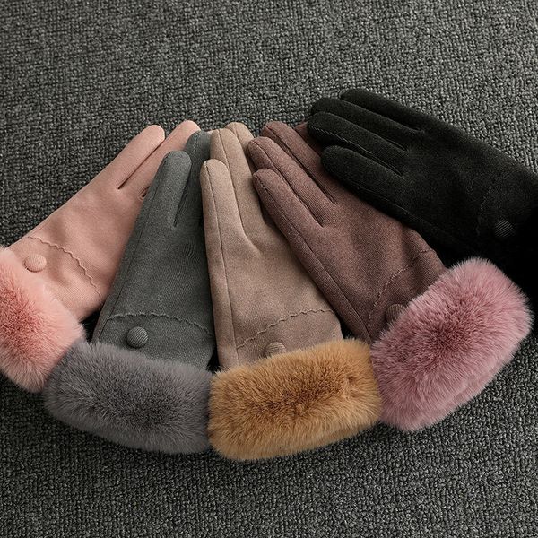 

women' winter mittens touch screen gloves full finger outdoor cycling faux fur plush gloves cashmere thicken warm mittens, Blue;gray