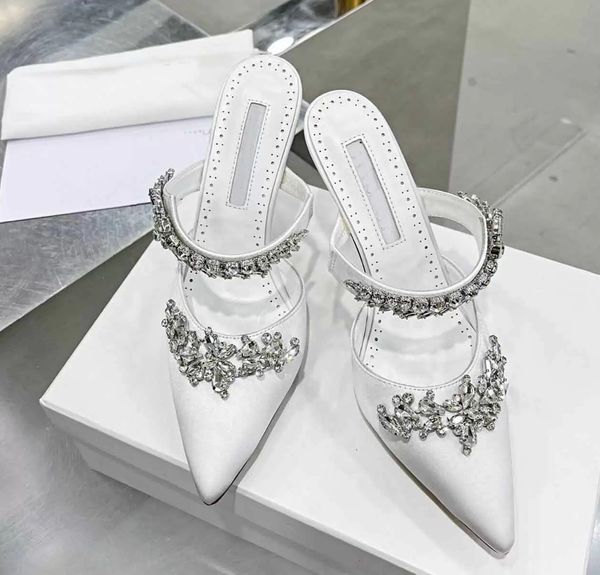 

2022 luxury summer lurum crystal satin slipper sandals shoes eleagtn pointed toe high heels strass embellishments sandalias exquisite lady p, Black
