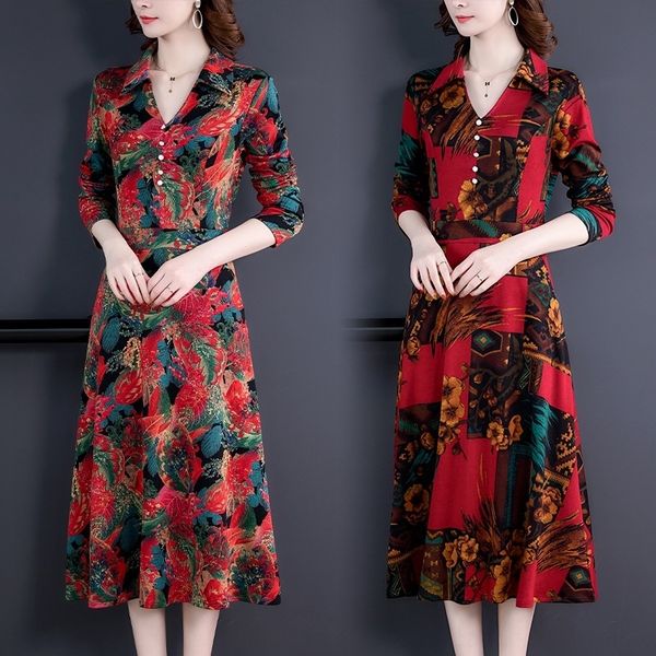 

mvlds long sleeve new printed women's autumn 2020 v-neck dress dress temperament your wife's foreign long reductionthin medium sty, Black;gray