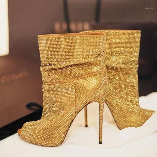

luxury gold crystal ankle boot peep toe high heels banquet dress shoes glittering pleated short boots drop ship1, Black