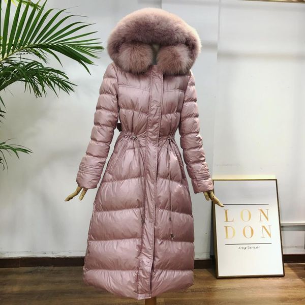 

2021 new winter female jacket new long over-the-knee big fine skin collar fashion white duck down solid coat 1x e2g6, Black