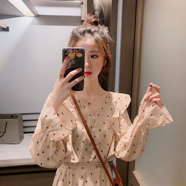 

r9oae 2020 winter winter fashion autumn and long pants new pants smart smoked skirt dress women autumn new sleeve v-neck skirt wave point ro, Black;gray