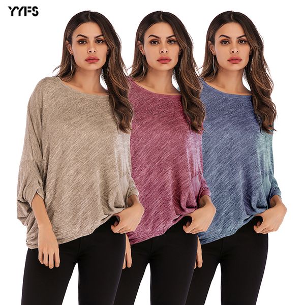 

2020 autumn and winter fashion large size loose casual round neck solid color knitted t shirt, White