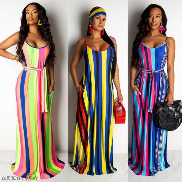 

summer women dress 2019 vintage bohemian striped tunic beach dress sundress pocket maxi sleeveless female sling1, Black;gray
