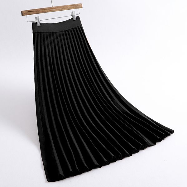 

2021 new skirts high waist knitting a-line jupe femme women spring pleated long skirt saia nciy, Black