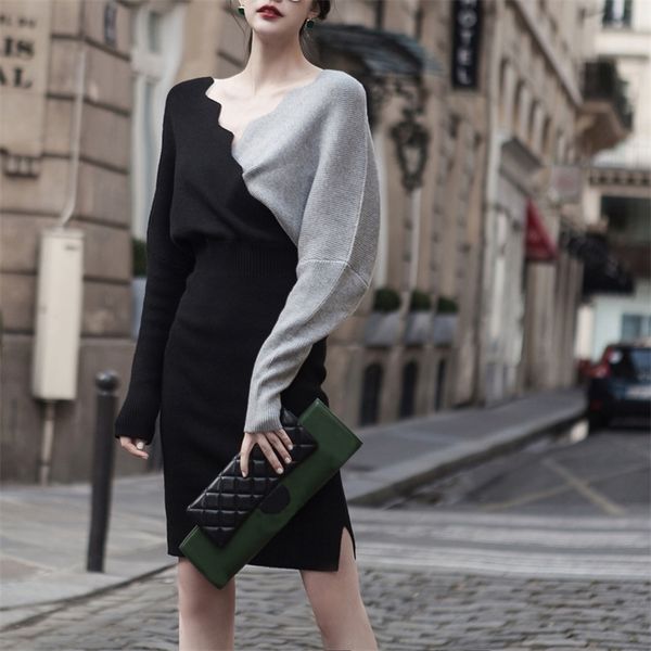 

both sides women sweater dress round neck deep v pullover sweater female winter long section sweater sueter mujer y200720, White;black