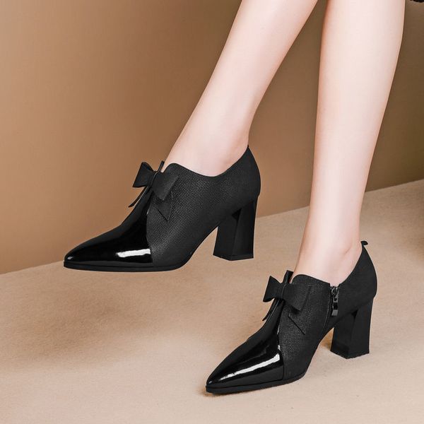 

fhanchu women high heeled naked boots2022 patent pu leather autumn shoesbowtie ankle botaspointed toeblackbluedropshipping, Black