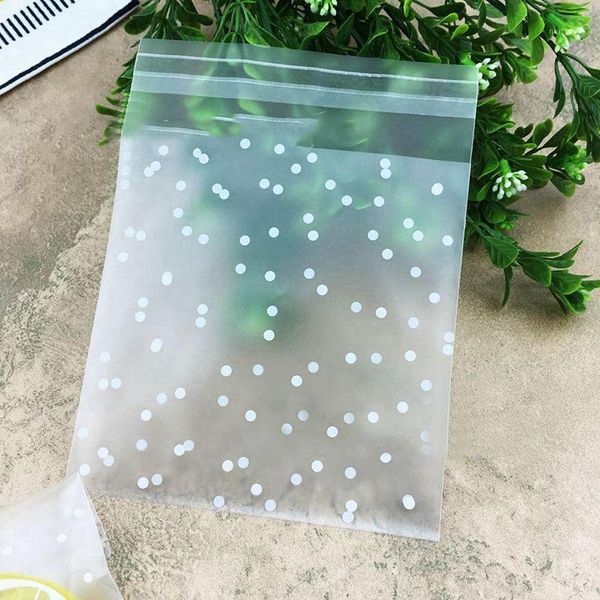 Enrolamento de presentes 100pcs Fosted Dots fofos Pacote de plástico Pacote de doces Soof para embalagens de embalagens Sacos de cupcakes Salto de amostra Auto adesivo 10cm1