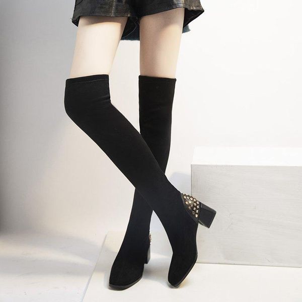 

boots black over the knee high heels women shoes metal rivet suede thigh winter slim long bottine femme 2021
