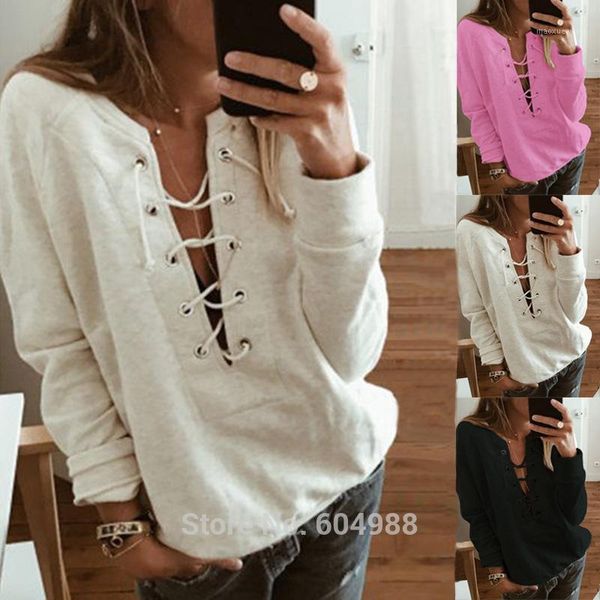 

women bandage v neck hoodies sweatshirt casual long sleeve solid lace up 1, Black