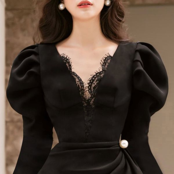 

2020 маленький черный хепберн платье тонкий стиль юбки талии закрытия тонкая юбка v-образным вырезом черный lighthigh конце платье леди темп, Black;gray