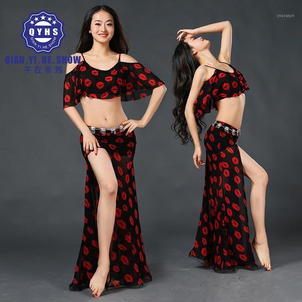 

new 2018 women flower prints belly dance costumes 2pics &amp long skirt dress1, Black;red