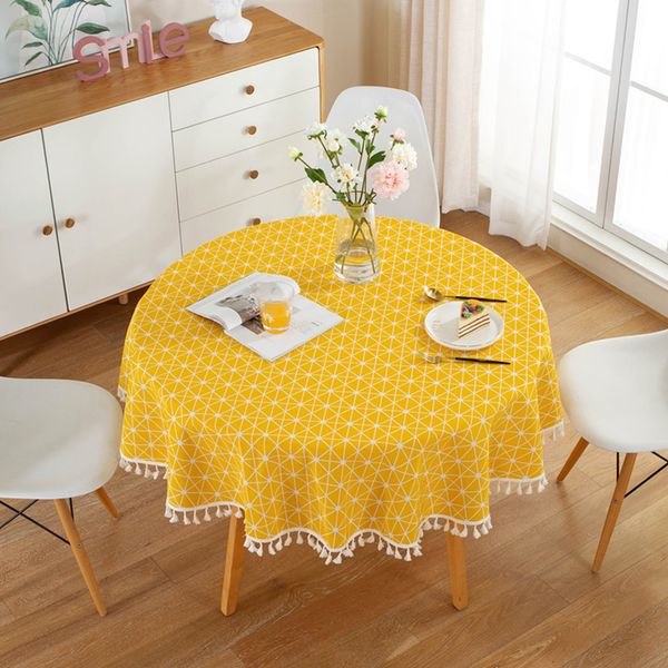 

cotton linen nordic round tablecloth yellow striped white tassel lace christmas tree dining table cover washable table cloth