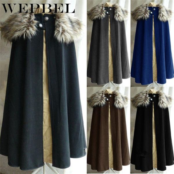 

wepbel men's winter medieval viking cape coat vintage ranger coat gothic style fur collar cape steampunk cloak1, Black