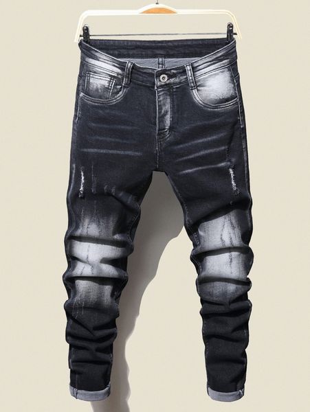 

men ripped cat whisker bleach wash jeans n8mr#, Blue