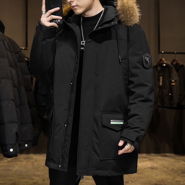

canadian winter new down jacket men's middle long jacket fashion jacket 2020 raccoon dog fur coat, Black