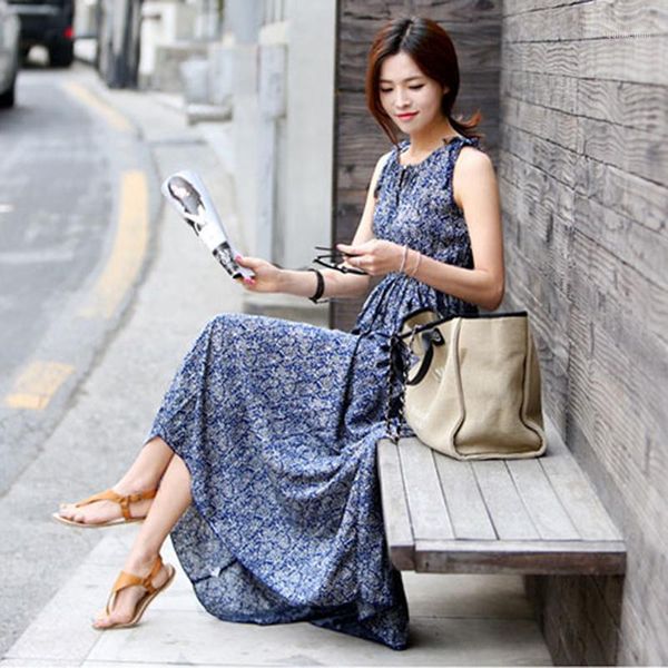 

2020 summer dress print vestidos women casual bohemian floral sleeveless vest slim beach chiffon o-neck dress vintage blue1, Black;gray