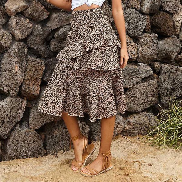 

skirts plus size skirt streetwear leopard print loose for women summer 2021 casual ruffles elastic waist vintage mid skirt1, Black