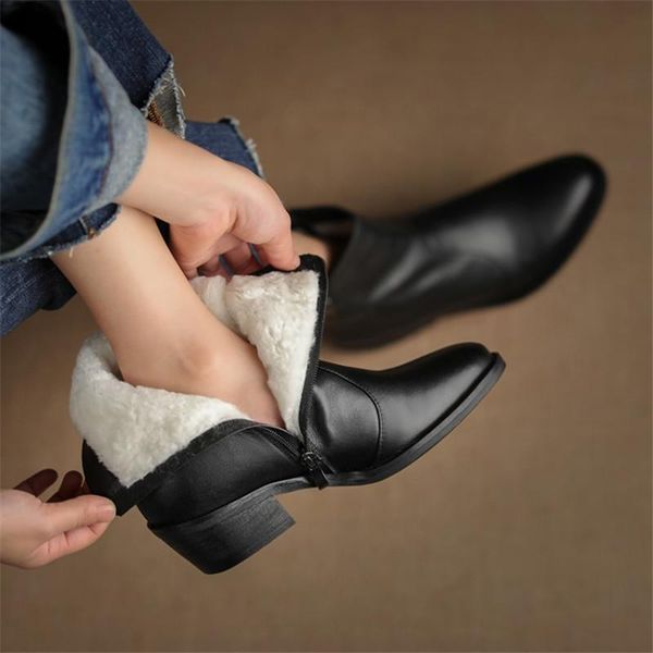 

pxelena new genuine leather real fur snow boots women 2021 winter warm plush shoes plus size 34-42 zipper chunky heels round toe, Black