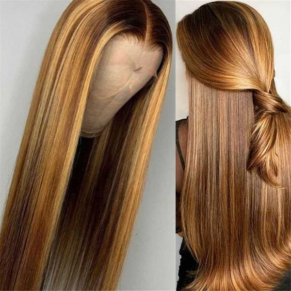 

lace wigs 13x4 straight wig highlight 150% front human hair honey blond ombre fringe with bangs for women remy brazilian, Black;brown