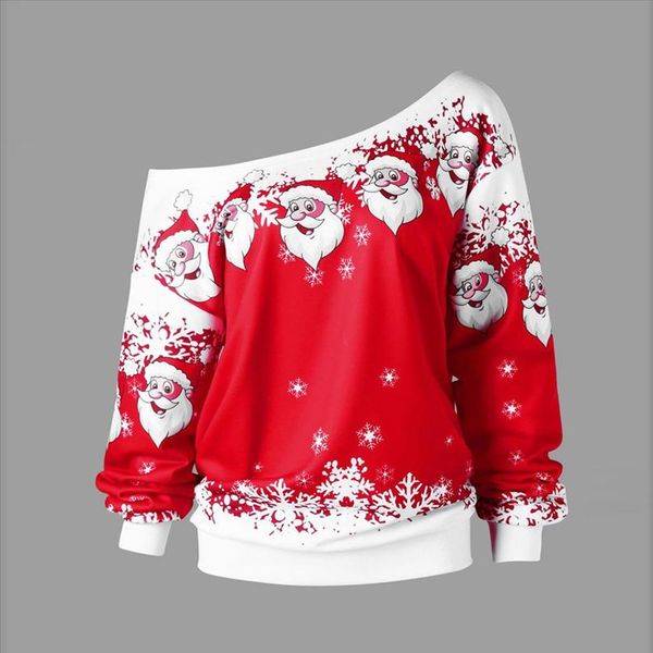 

christmas blouse shirts casual plus size s 5xl women merry christmas santa claus print skew collar sweatshirt blusa feminina @45, White