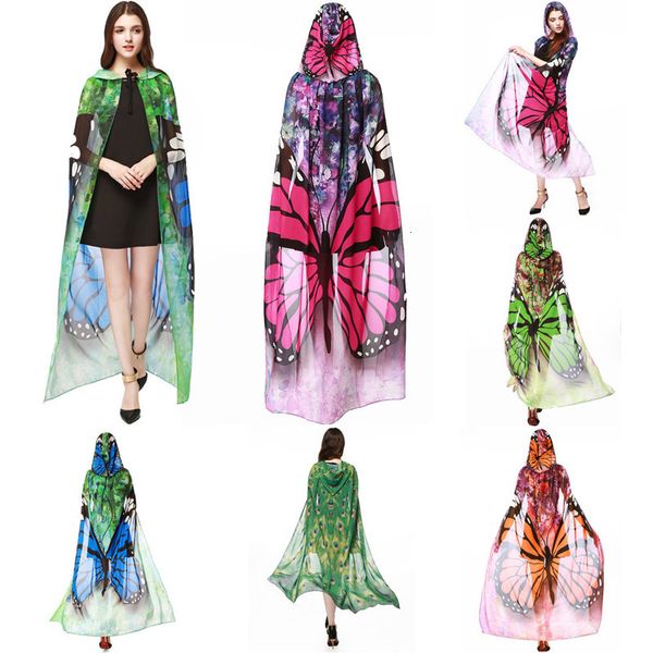 

women novelty print chiffon butterfly wing cape scarf peacock poncho shawl wrap beach towel sarong cover 8 colors, Blue;gray