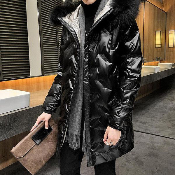 

2020 new winter coat male long section of korean fashion glossy thick knee hooded down jacket coat, Black