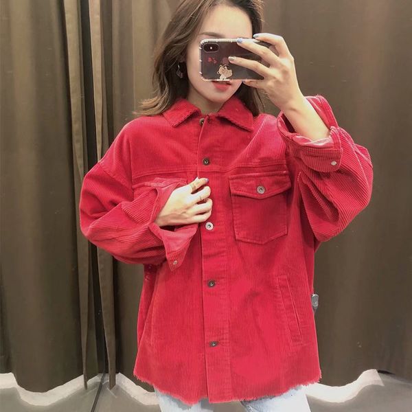 

2021 new msd1544 feeling women's autumn coat fur shirt lapel corduroy button medium length 630c, Black;brown