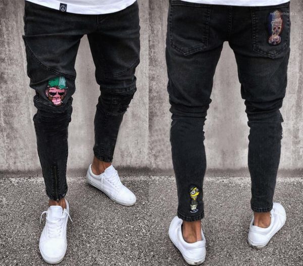 

men's jeans skull men black biker pants draped ripped long pencil trousers clothing1, Blue