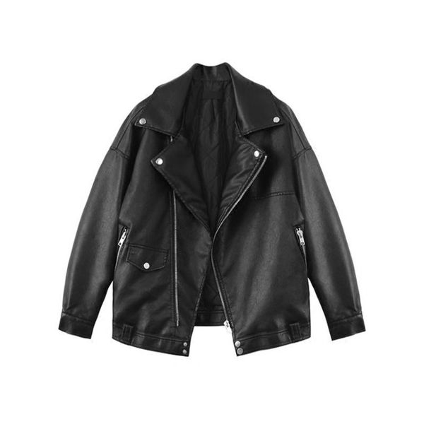 

european style turn-down collar pu leather jacket new fashion motorcycle leather outwear women slim biker coat basic streetwear, Black