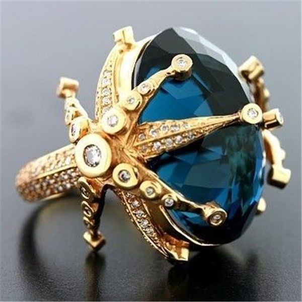 14k amarelo ouro safira diamante anel para mulheres pavão azul topázio pedra deiny jóias bizuteria anillos anilos anel de casamento gemstone y200321