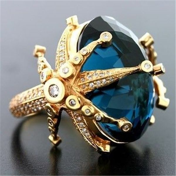 14 Karat Gelbgold Saphir-Diamant-Ring für Frauen Pfauenblauer Topas Stein zierlicher Schmuck Bizuteria Anillos Ehering Edelstein Y200321