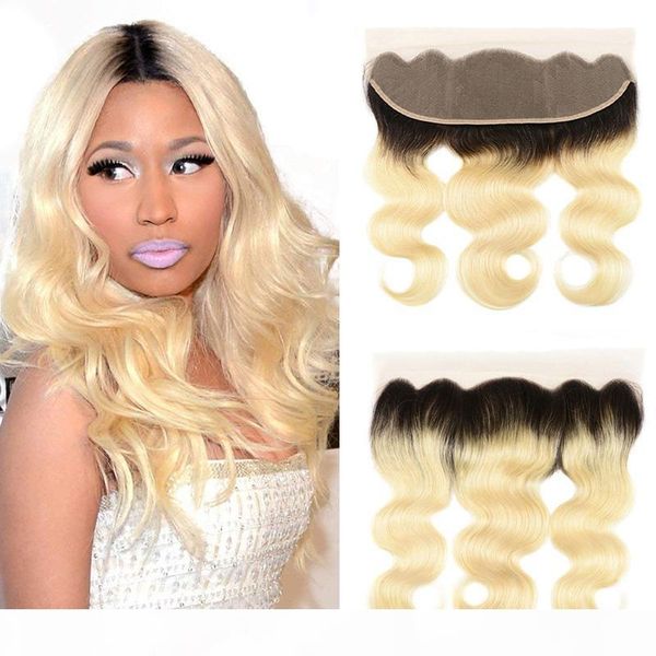 

ear to ear lace frontal closure with human hair bundles 1b 613# brazilian ombre body wave human hair weaves with 13*4 lace frontal, Black;brown