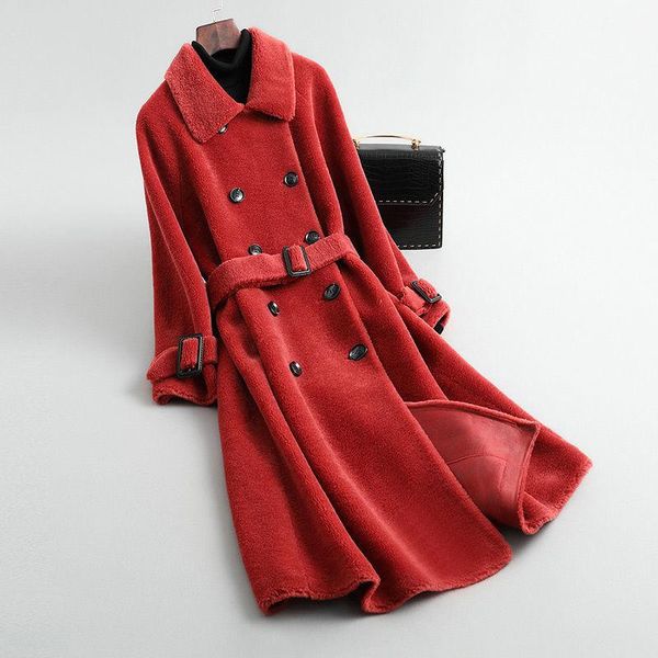 

women 2021 winter real wool fur coat jacket female sheep shearing coats lady double-breasted genuine natural fur overcoats s488, Black