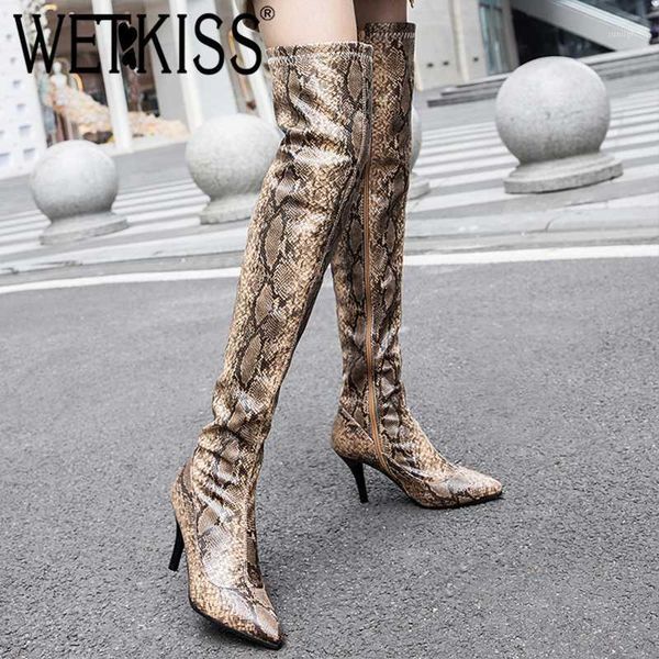 

boots wetkiss snakesin women over the knee pointed toe stiletto heel high shoes fashion zip long casual female shoes1, Black