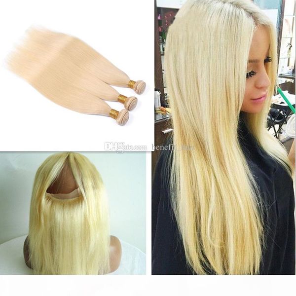 

blonde #613 pre plucked 360 lace band frontal with straight virgin hair bundles silk 360 frontal with blonde human hair, Black;brown