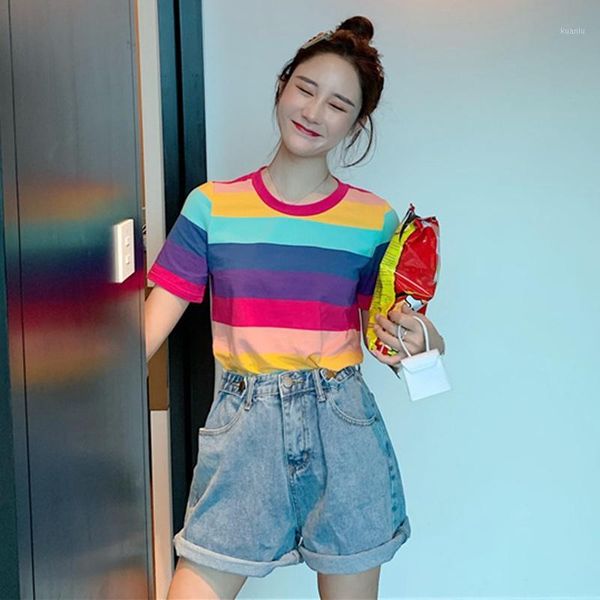 

new casual tshirt loose rainbow striped o-neck short-sleeved women t-shirt female t shirt woman cloth harajuku loose tee1, White