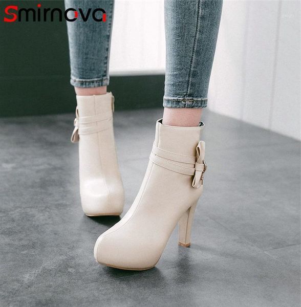 

boots smirnova 2021 autumn sweet platform buckle zip round toe super high thin heel solid ladies butterfly knot1, Black