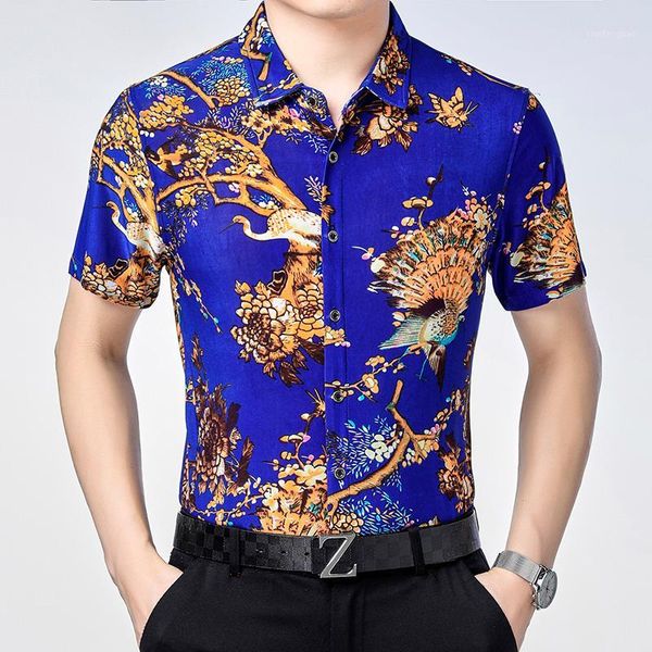 

summer mens fashion printed soft shirt short sleeve clothes elegant floral dress shirt, White;black
