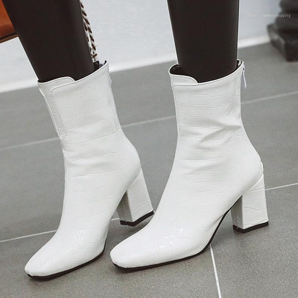 

2021 autumn women's ankle boots shoes snake leather block high heel red white short boots female fashion winter large size1, Black