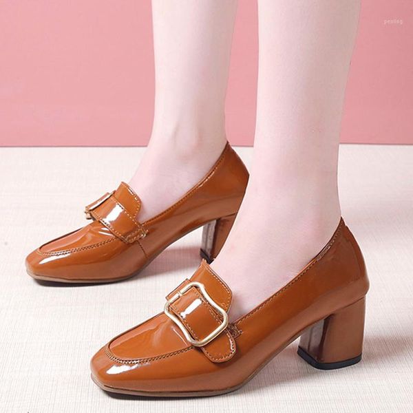 

2020 retro buckle square heels women pumps fashion patent leather square toe work office shoes woman slip on zapatos de mujer1, Black