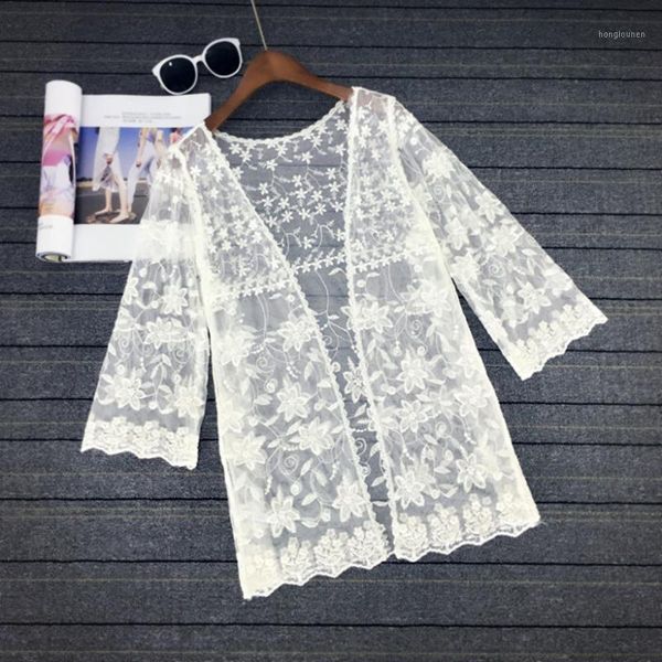 

2020 summer spring women lace crochet flower loose color pullover half sleeve tunic lace elegant casual cardigan1, White