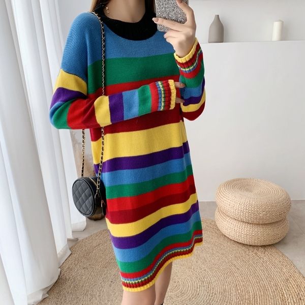 

autumn and winter 2020 elegant round sweater neck color striped sweater dress mid-length long sleeve knitted dress for women iqu8o, White;black