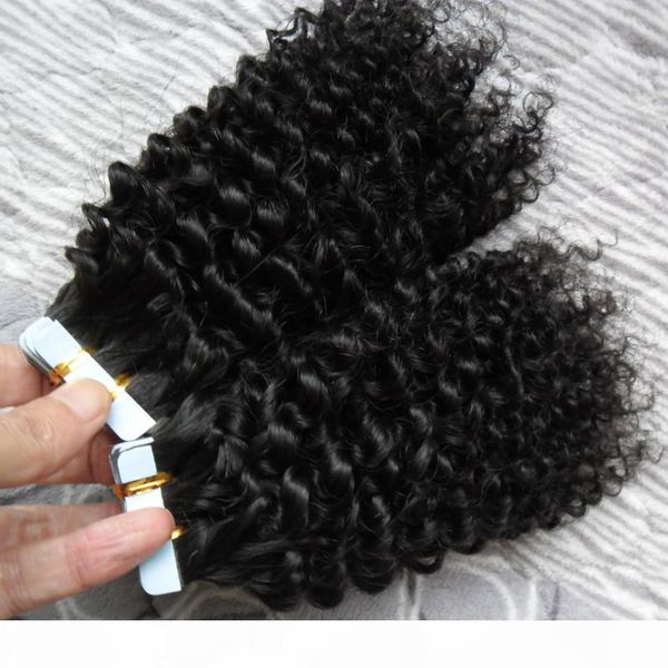 

kinky curly remy tape hair 100% human hair extensions 40pcs tape in human hair extensions, Black
