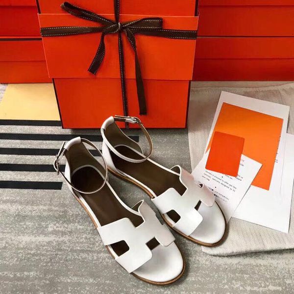 

leather flat bottomed h-type sandals women's 2020 summer new one line strap toe wrap heel sandals, versatile beach sandals fashion, Black