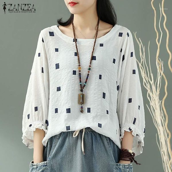 

2020 zanzea casual printed tunic women's summer blouse fashion ruffle sleeve tee shirt female o neck asymmetrical blusas 5xl1, White