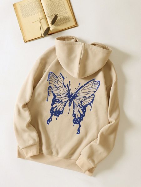 

butterfly print thermal lined kangaroo pocket drawstring hoodie w3dh#, White;black