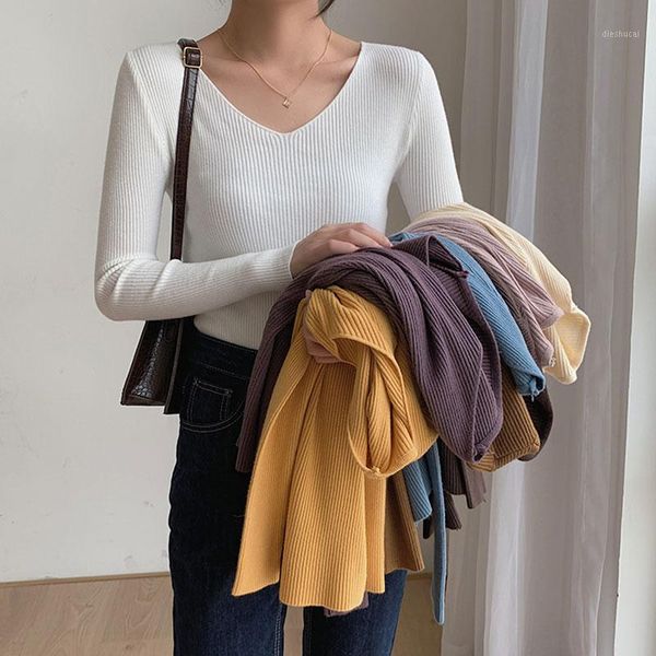 

spring new women v-neck slim sweater solid full sleeve knitted pullovers office lady elegance winter warm bottoming 1, White;black